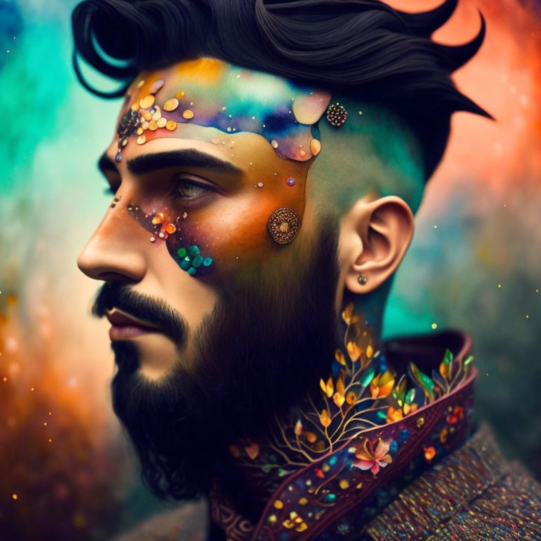 Colorful Makeup and Stylish Beard on Man with Floral and Cosmic Patterns