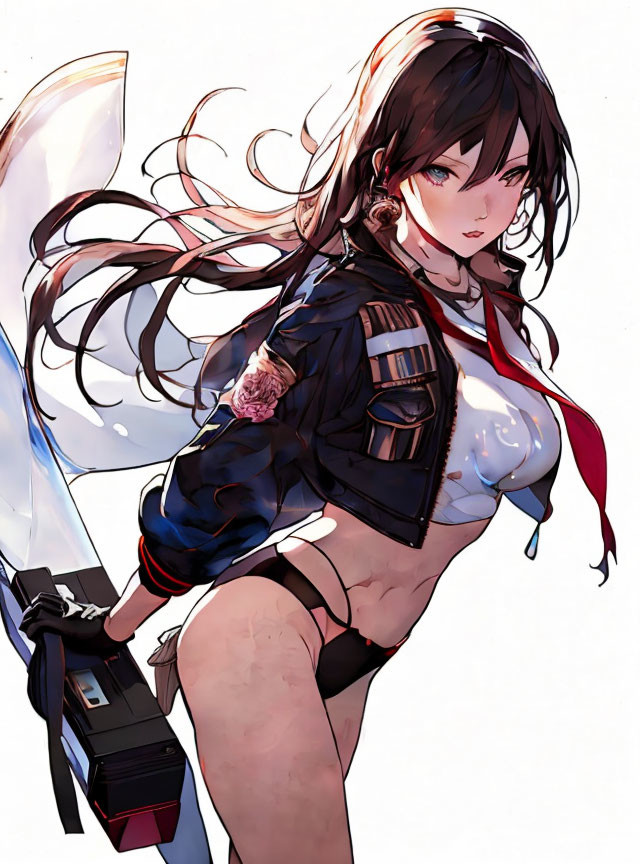 Anime female character with long hair, bomber jacket, and large sword