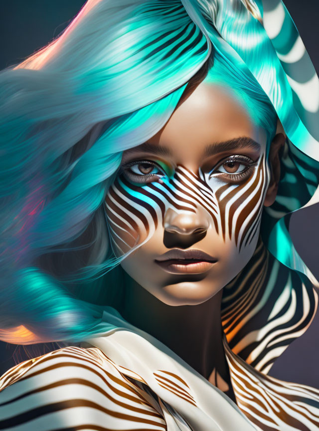 Digital artwork: Woman with zebra stripes, teal and white flowing hair