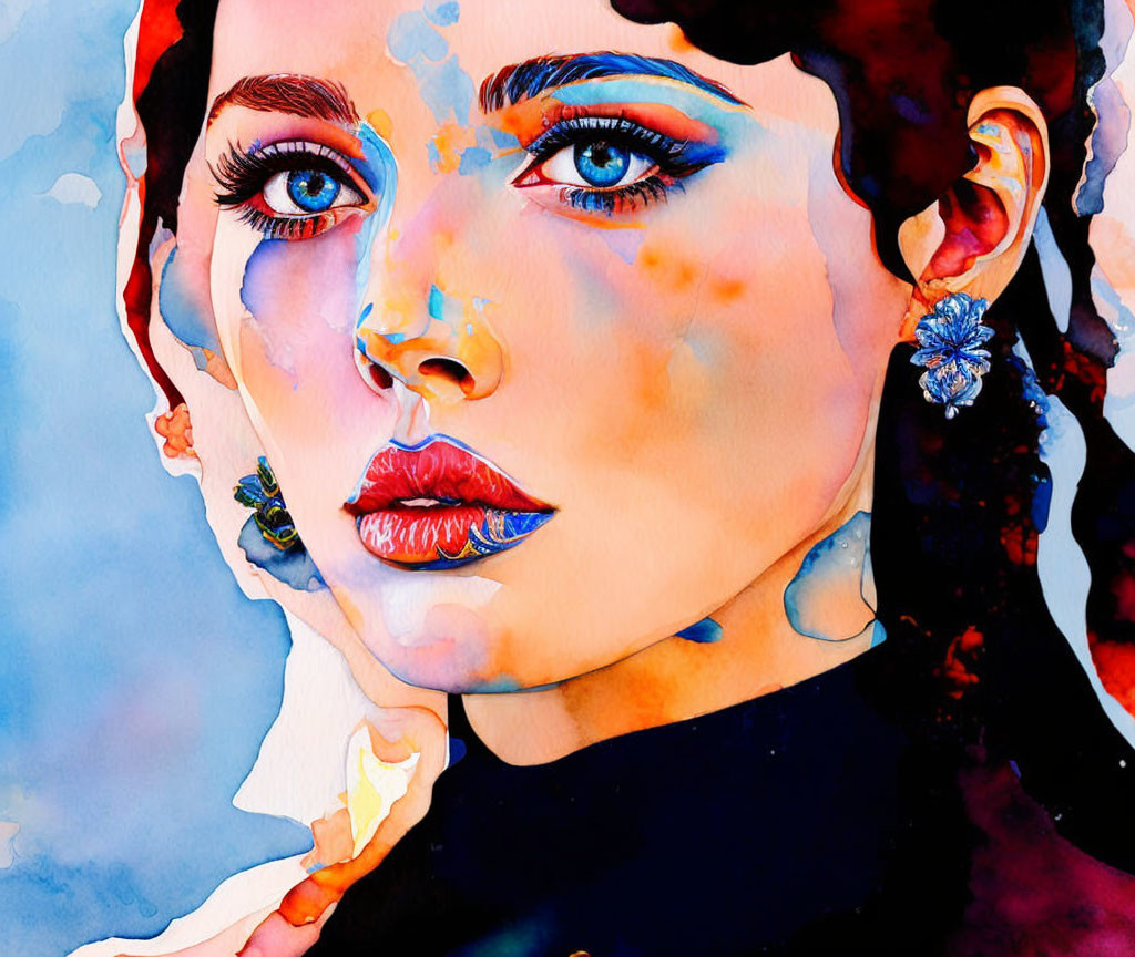 Colorful Watercolor Portrait of Woman with Blue Eyes