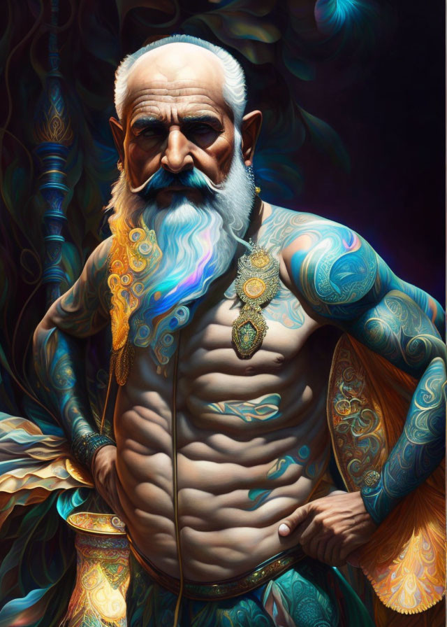 Elderly man with white beard, tattoos, and mystical attire