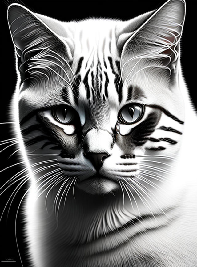 Detailed Black and White Cat Illustration with Striking Eyes and Whiskers