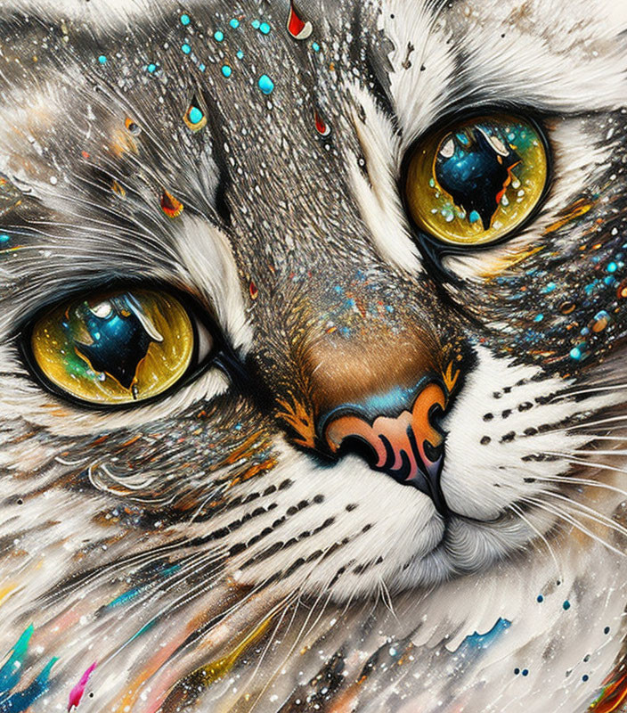 Colorful Close-Up Cat Painting with Intense Yellow Eyes