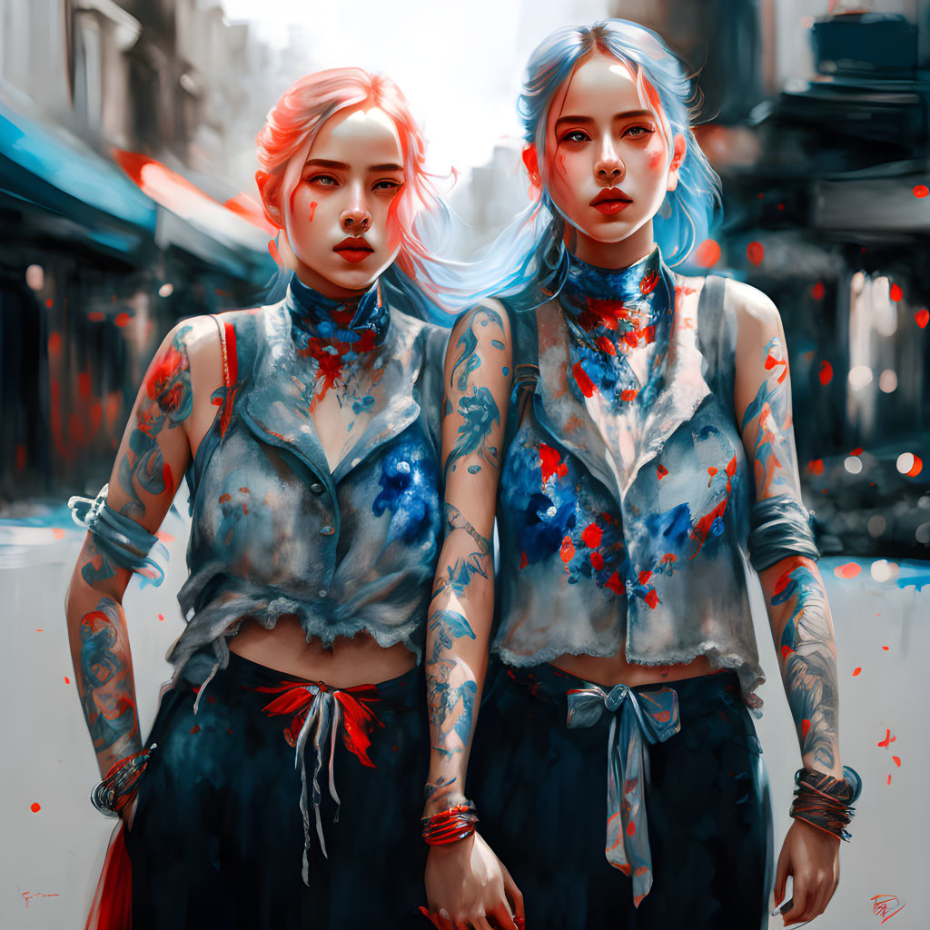 Stylized women with colorful hair and tattoos in urban setting.