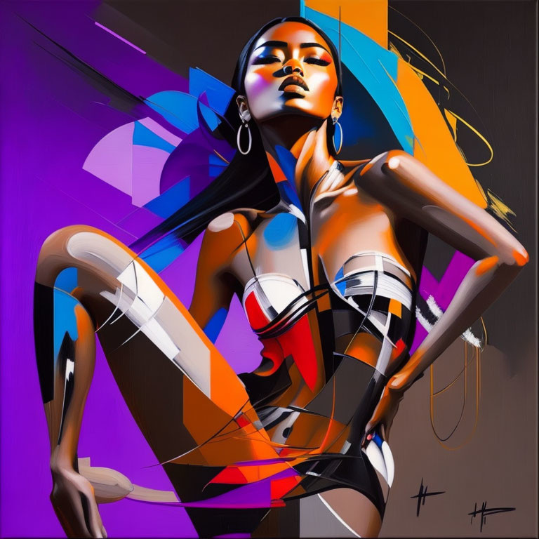 Vibrant digital artwork: Woman with dramatic poses & abstract elements