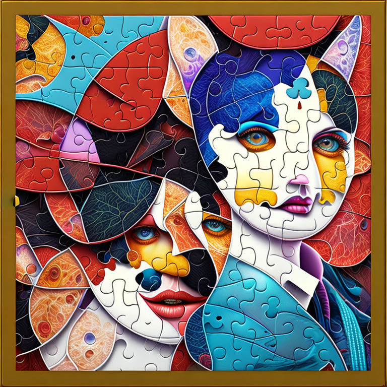 Colorful jigsaw puzzle of surreal fox-themed face