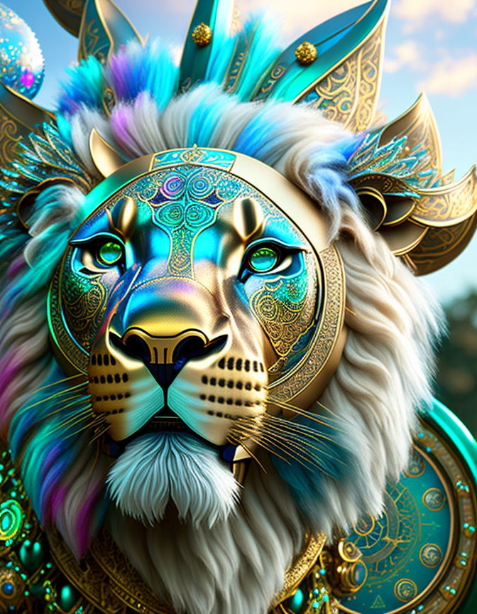 Colorful digital artwork of lion with golden mane and blue patterns on face, teal crown, bokeh