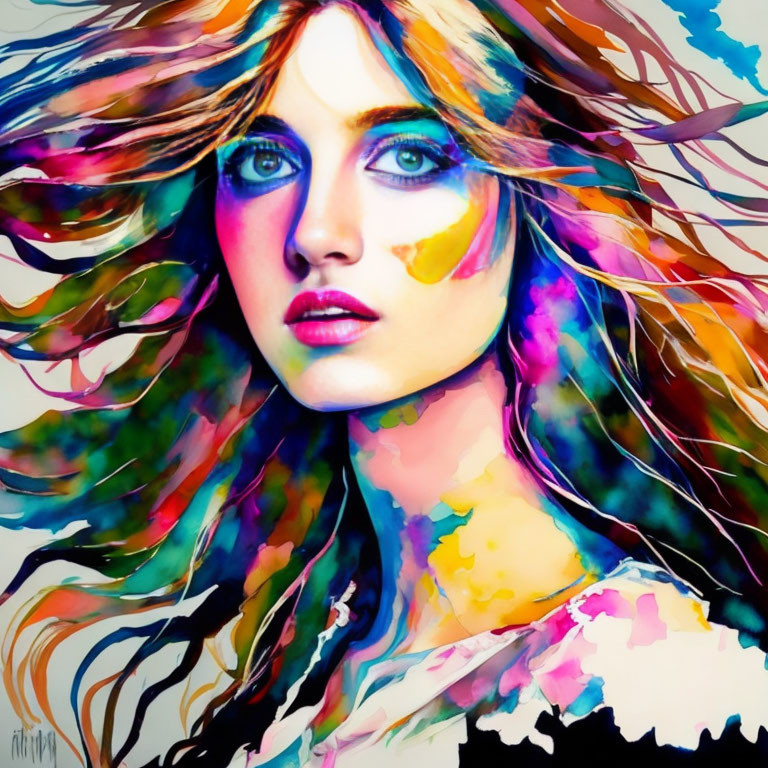 Vibrant watercolor portrait of a woman with flowing hair and blue eyes