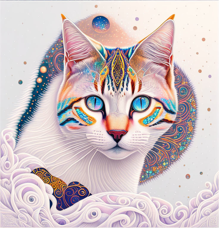 Colorful Cat Illustration with Cosmic Background and Blue Eyes