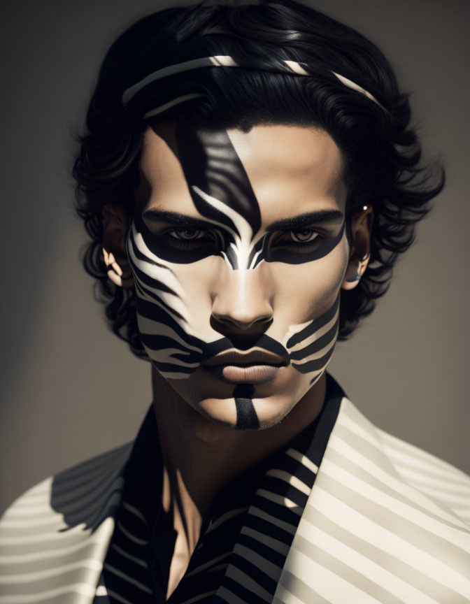 Male model with zebra stripe makeup and shirt against neutral backdrop