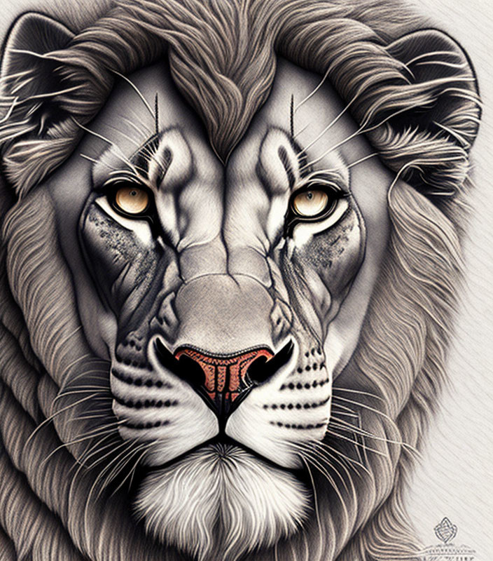 Monochromatic lion illustration with fusion elements and striking mane.