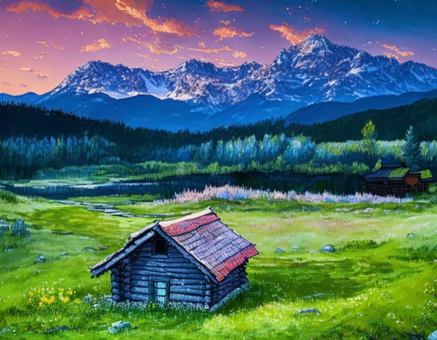 Tranquil landscape: cabin, lake, forest, mountains