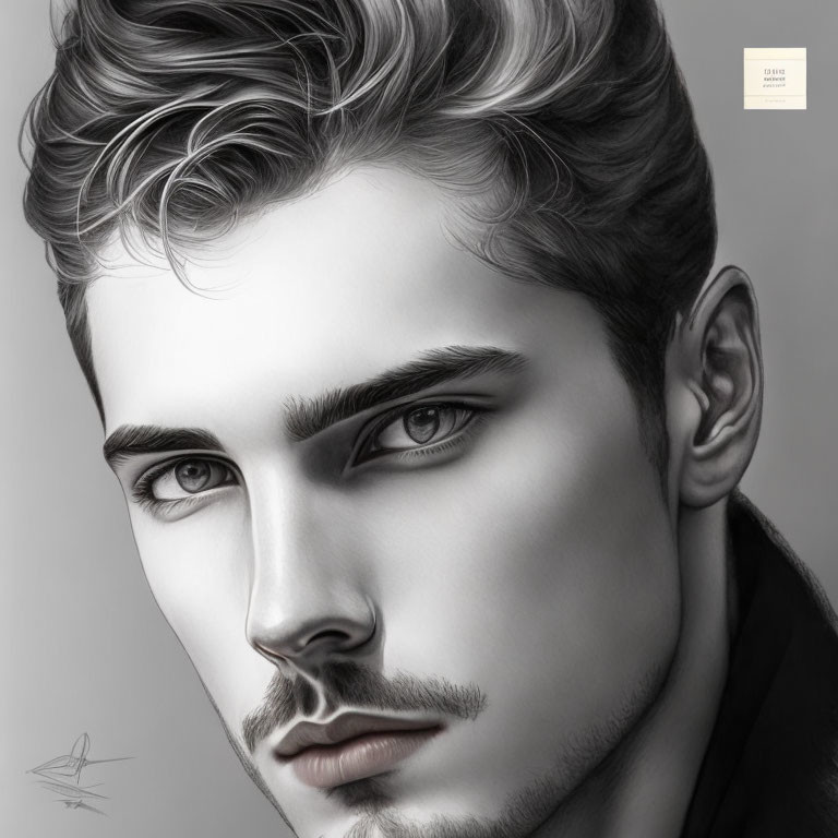 Monochrome digital portrait of a young man with sculpted features