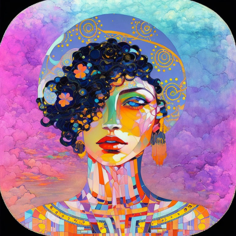 Vibrant digital artwork: stylized woman with mosaic pattern, geometric accessories, pastel background