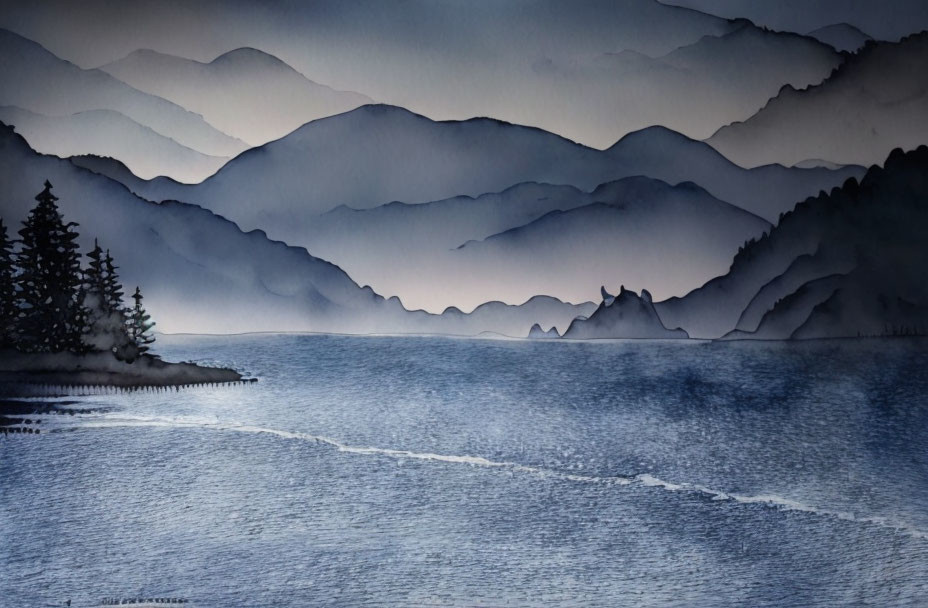 Misty Mountains and Tranquil Lake Landscape