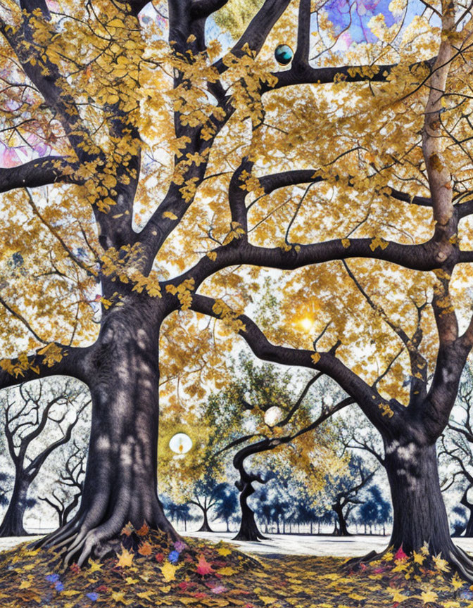 Illustration of Vibrant Autumnal Forest with Twisting Trees and Golden Leaves