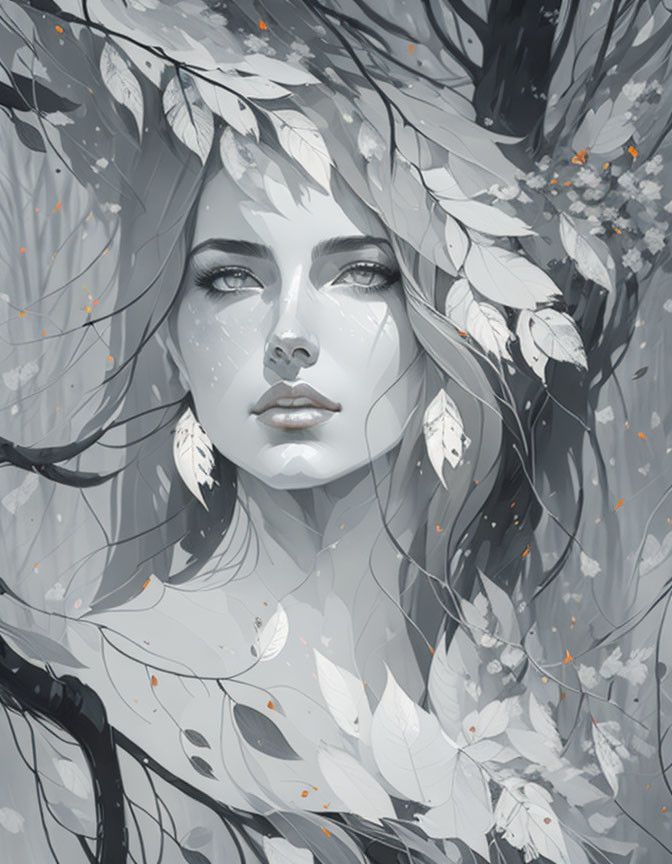 Monochrome woman's face surrounded by leaves and sparkles.