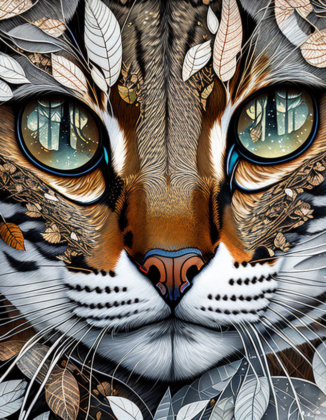 Detailed cat face illustration with forest scenery reflected in eyes, leaves, and feathers.