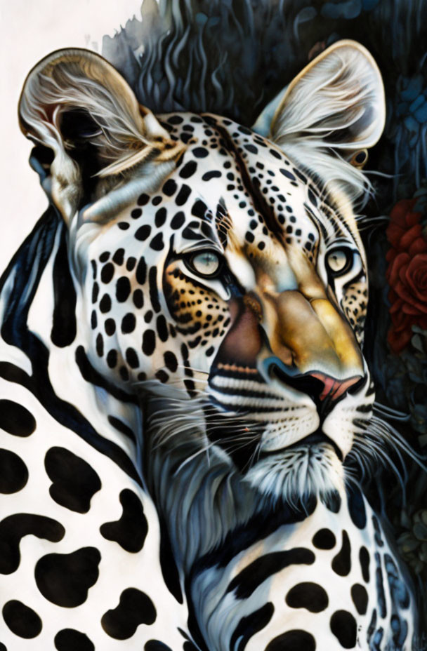 Detailed painting of leopard head with intense eyes and spotted fur on dark background.