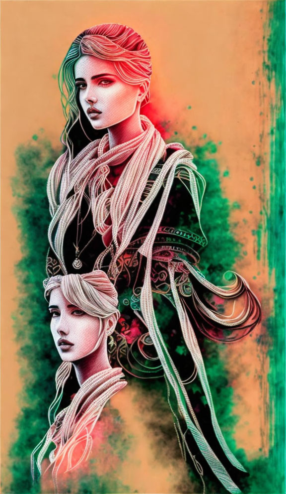 Abstract digital artwork of two stylized women against vibrant backdrop