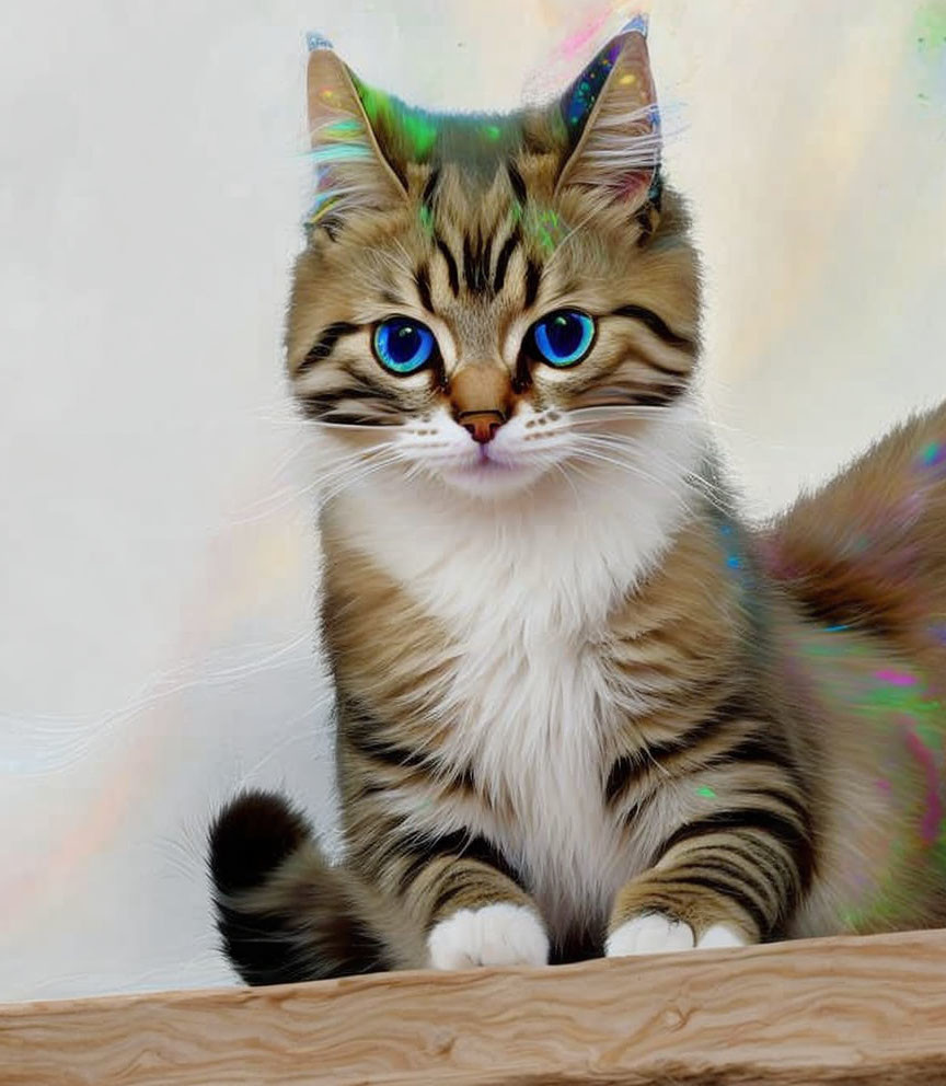 Fluffy tabby cat with blue eyes and iridescent wings on wooden ledge