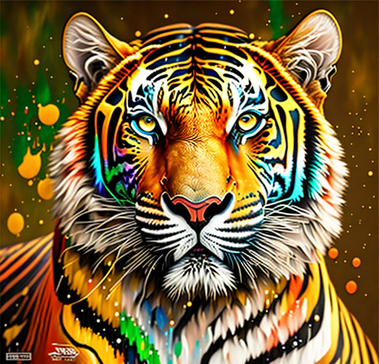 Colorful Tiger Artwork with Striking Patterns on Dark Background