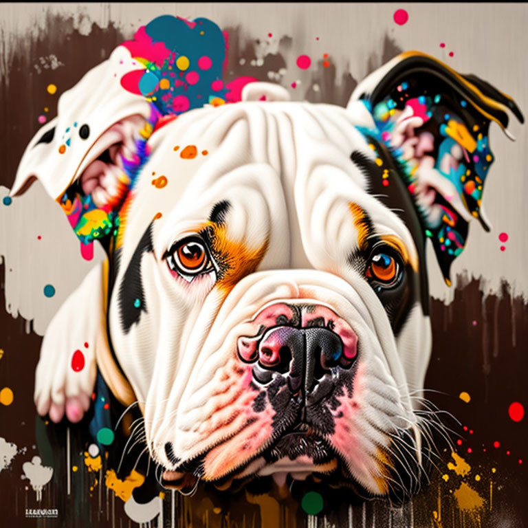 Colorful Bulldog Digital Illustration with Abstract Shapes on White Fur