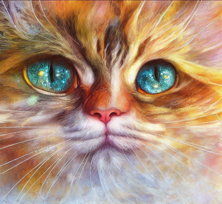 Colorful close-up painting of a cat with turquoise eyes and orange-yellow blend