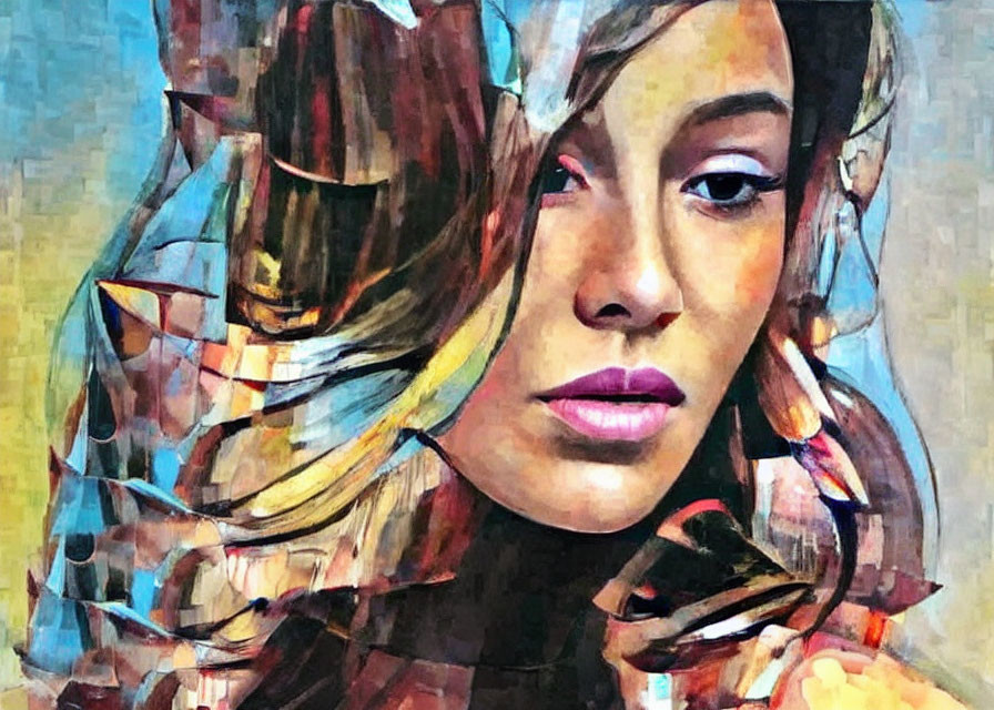 Vibrant Cubist-style portrait of a woman with textured features