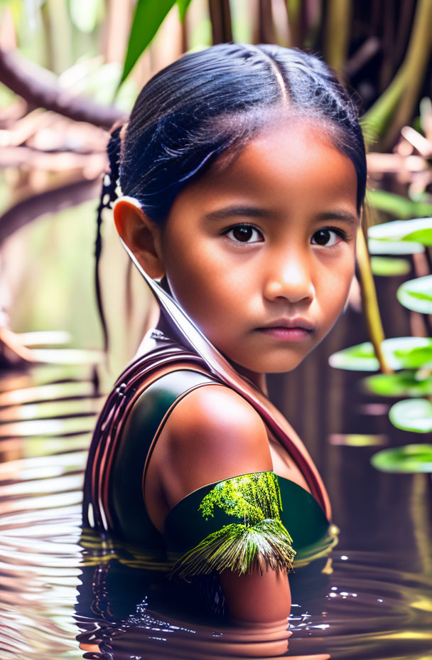 Young girl with slicked back hair in tranquil pool surrounded by greenery