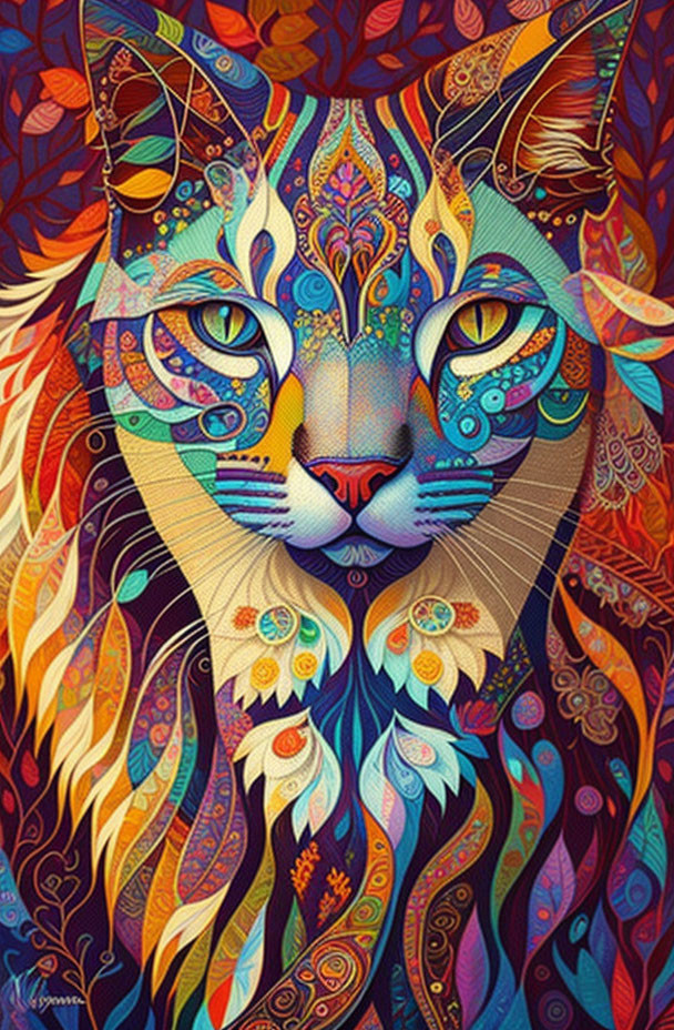 Colorful Intricate Cat Artwork with Detailed Patterns