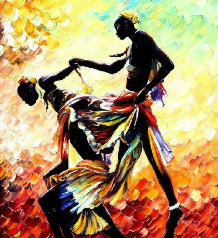 Vibrant cloth figure dancing in colorful painting on textured background