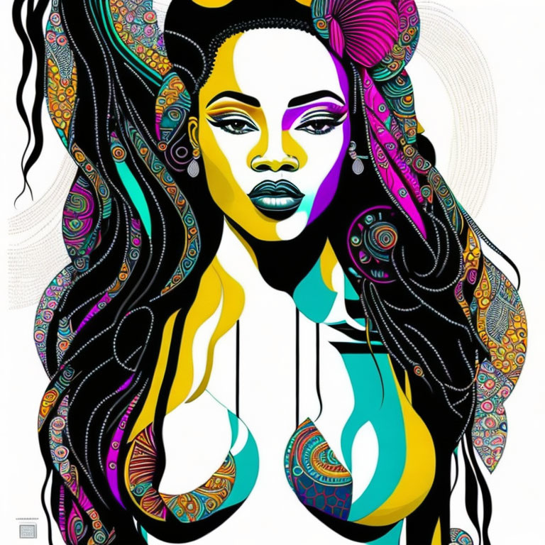 Vibrant portrait of a woman with colorful flowing hair