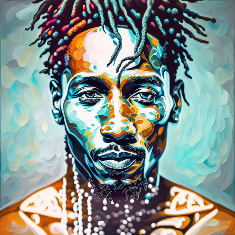 Vibrant portrait of a man with dreadlocks and beads in blues, oranges, and greens