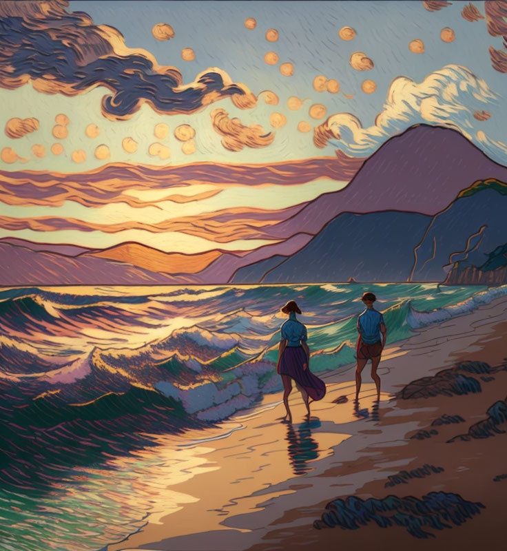 Beach sunset scene with two people walking, vibrant sky colors, and reflective water