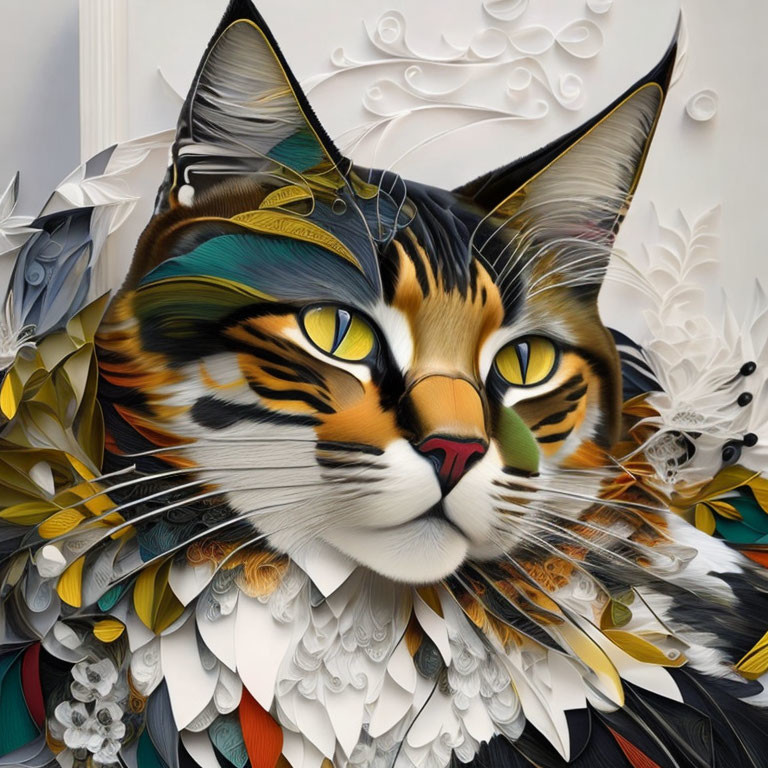 Colorful Feather and Leaf Patterns on Cat Artwork