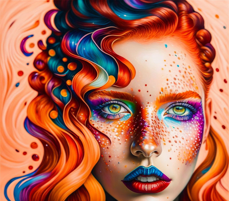 Colorful portrait of woman with rainbow hair and bold makeup