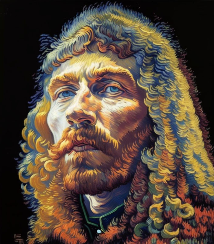 Colorful portrait of man with wavy blonde hair and curly beard on dark backdrop