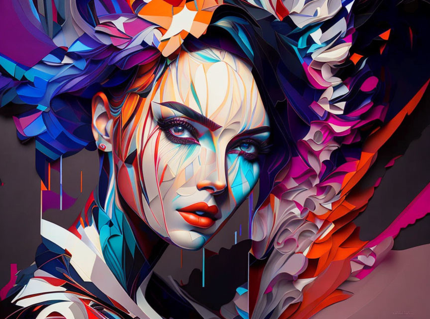 Vibrant digital artwork: stylized female face with abstract feather-like or petal-like elements.