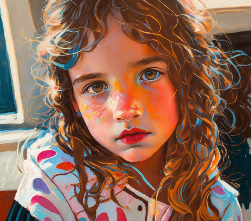 Young girl with curly hair and striking eyes in sunlight wearing polka-dot hoodie