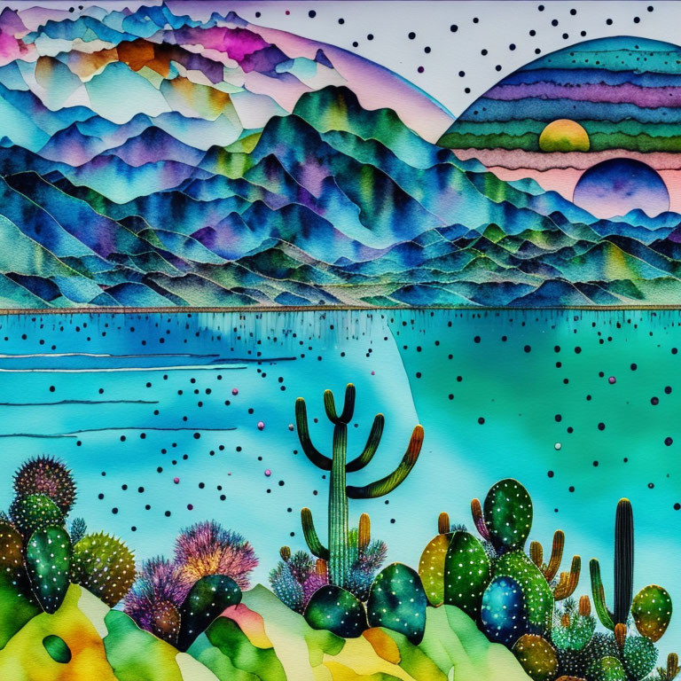 Colorful watercolor painting: rolling hills, cacti, vibrant mountains, dotted sky