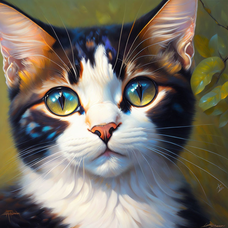 Close-up Digital Painting of Cat with Blue Eyes and Patchy Fur