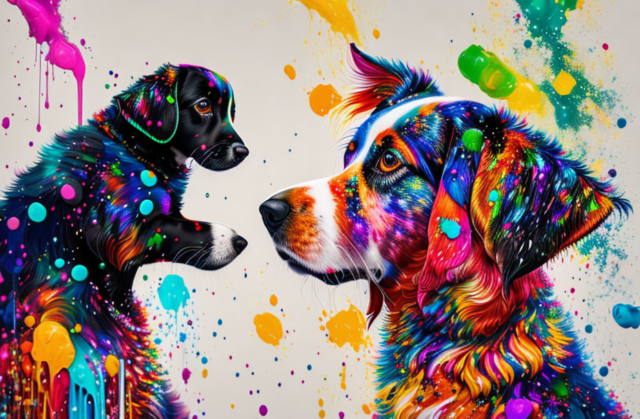 Colorful Paint-Splattered Dogs on Abstract Background