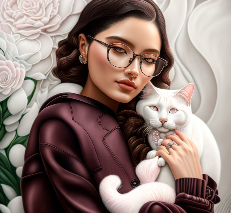 Stylized illustration of woman with glasses, white cat, and roses