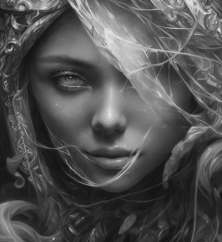 Monochrome fantasy portrait of woman with intricate headdress and delicate features