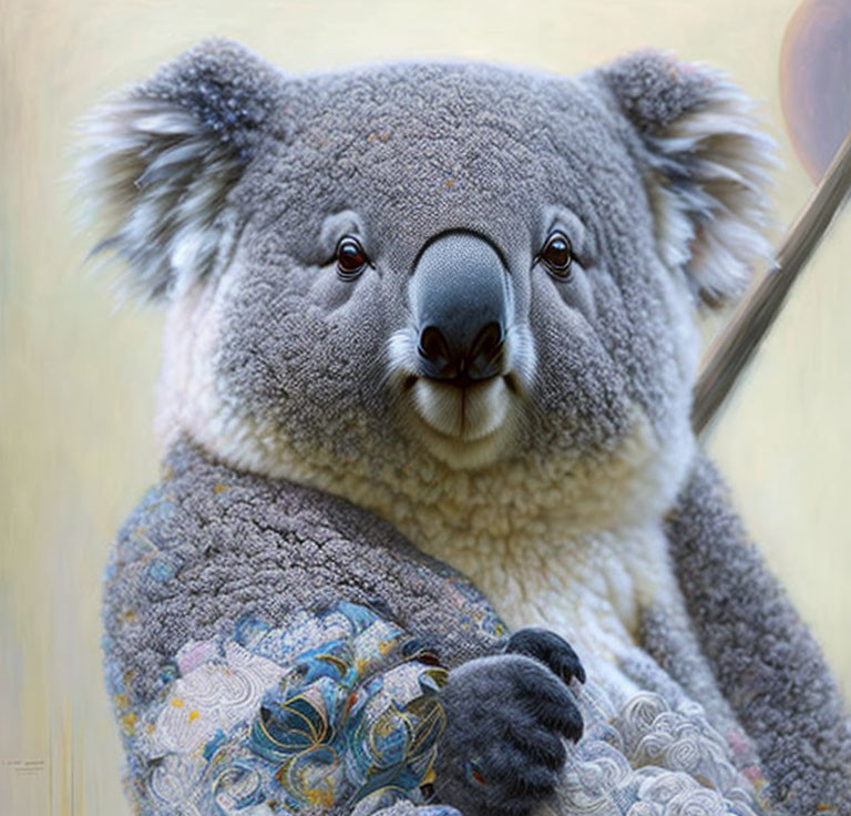 Detailed Koala Clinging to Tree with Ornate Fur Pattern