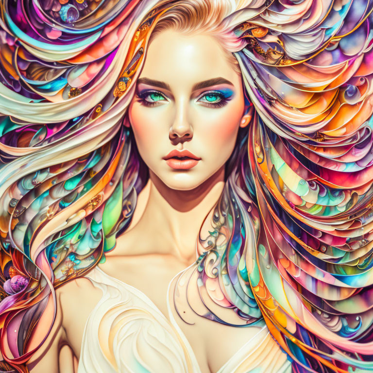 Colorful digital artwork: Woman with multicolored hair and green eyes on pastel backdrop