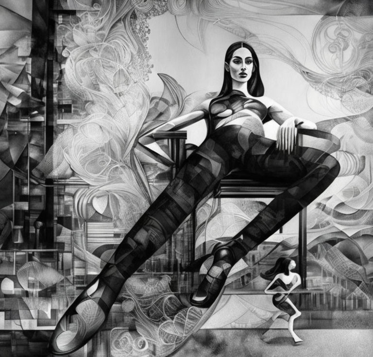 Monochrome artistic drawing of large stylized woman lounging