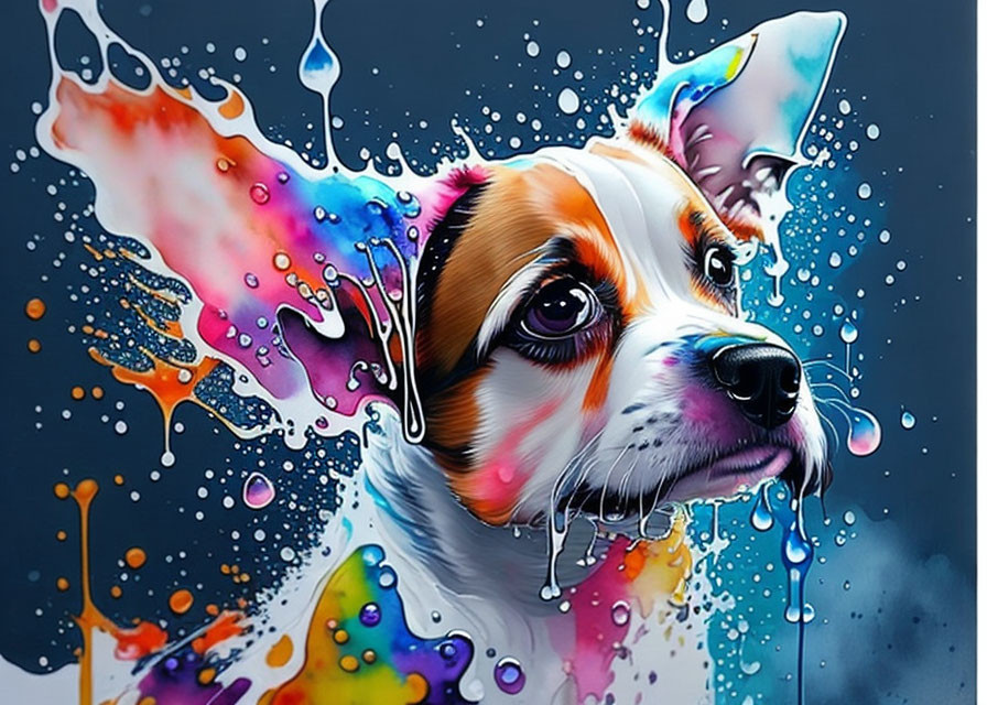 Vibrant paint splashes create colorful dog portrait