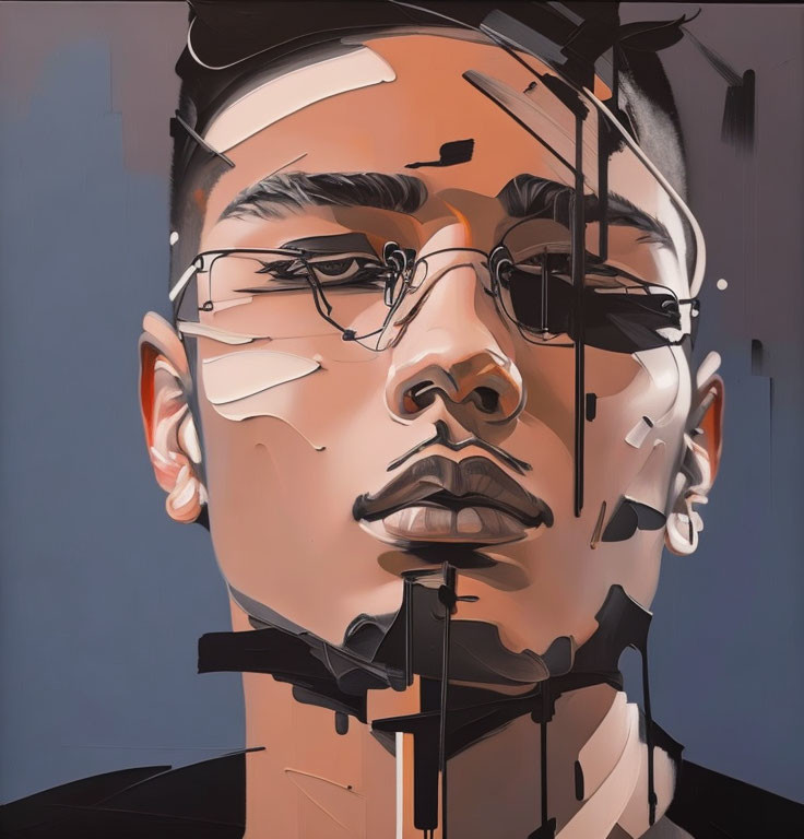 Fragmented facial elements in stylized digital portrait with glasses